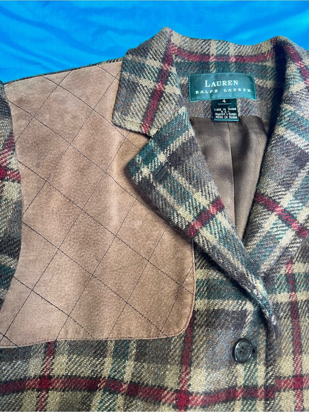 Lauren Ralph Lauren Wool Plaid Shooting Blazer Suede Patch Size 4 - Picture 13 of 16